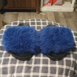 Fluffy Blue Slide Sandals